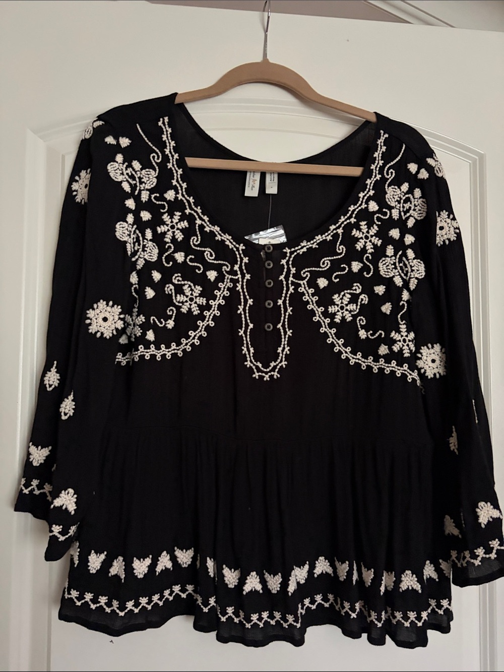 Anthropologie Black Tunic with Cream Embroidery